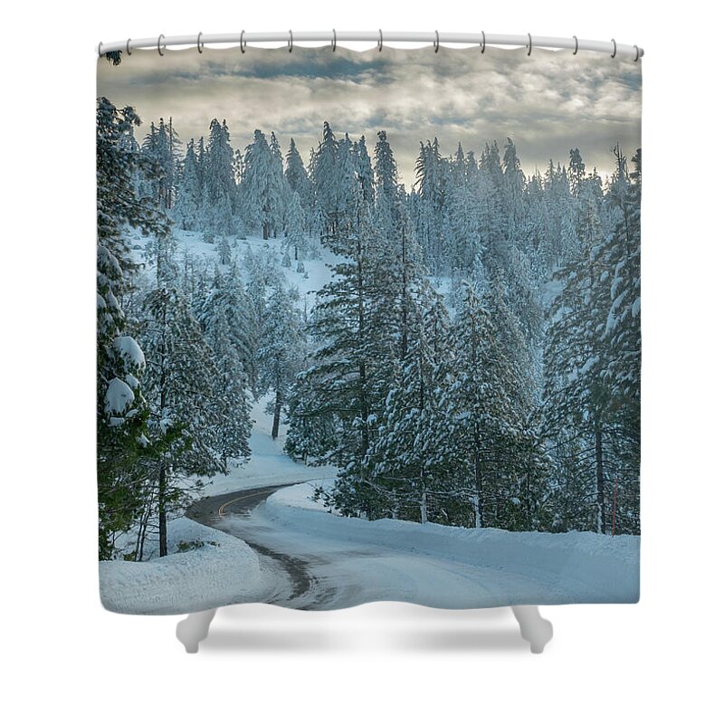 Sunrise Shower Curtain featuring the photograph Frozen road highway 120 towards Yosemite 2 by Alessandra RC