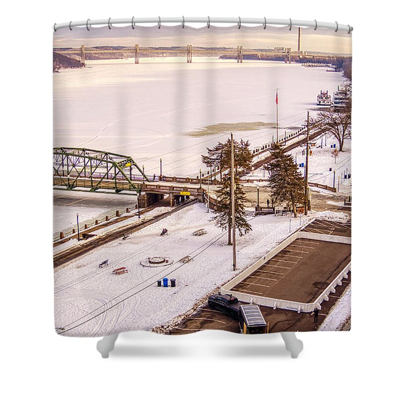 Sunset Shower Curtain featuring the photograph Frozen St Croix River Downtown Wintertime in Stillwater Minnesota Downtown Lights by Greg Schulz Pictures Over Stillwater
