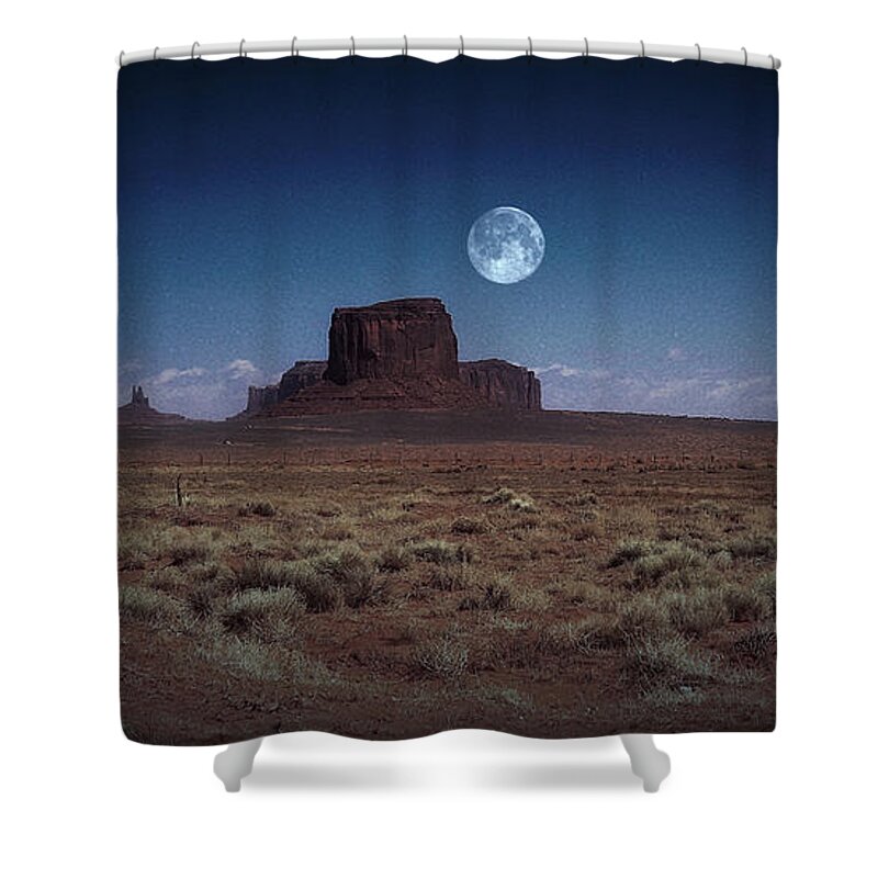 Monument Valley Shower Curtain featuring the photograph Full Moon over Monument Valley by Barbara Zahno