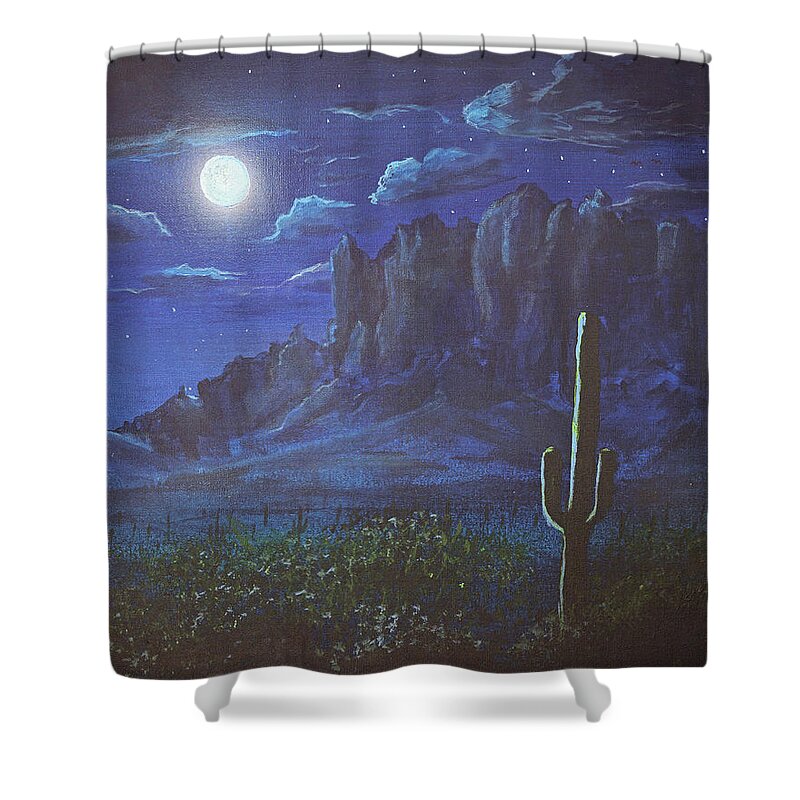 Superstition Mountains Shower Curtain featuring the painting Full Moon over the Superstition Mountains, Arizona by Chance Kafka