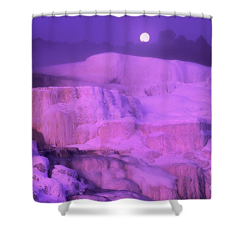 North America Shower Curtain featuring the photograph Full Moon Sets over Minerva Springs on a Winter Morning Yellowstone National Park by Dave Welling