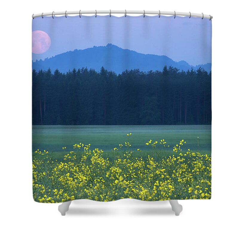 Full Shower Curtain featuring the photograph Full Moon setting over mountains and rapeseed by Ian Middleton