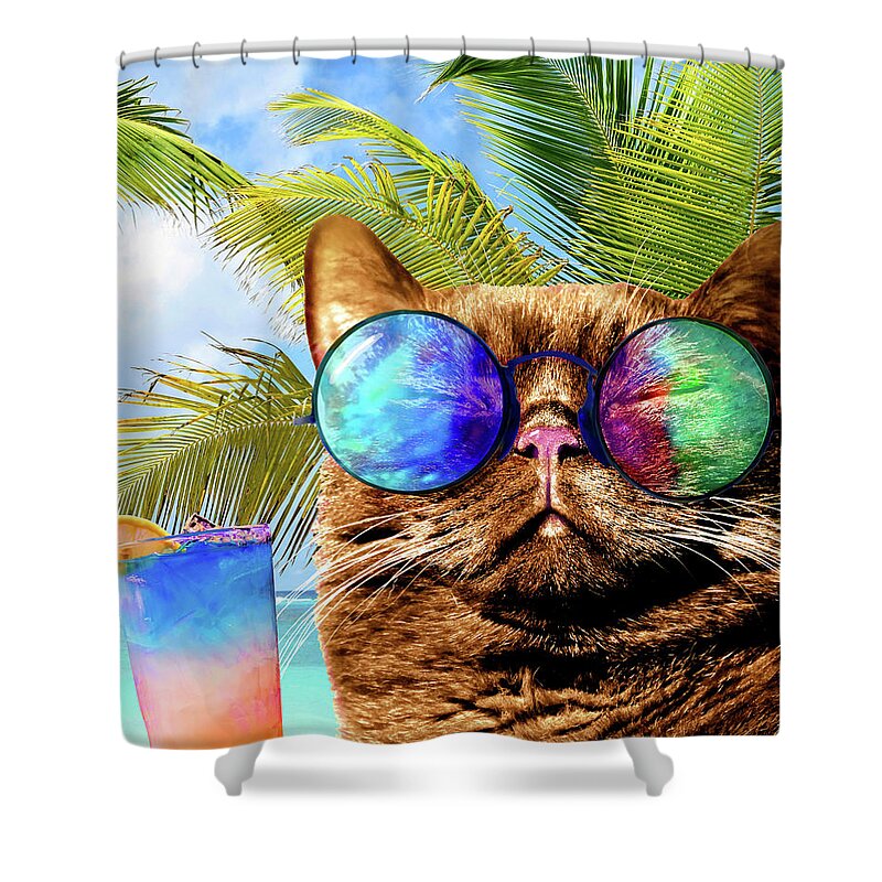 Cat Shower Curtain featuring the mixed media Funny Cat on Beach 675 by Lucie Dumas