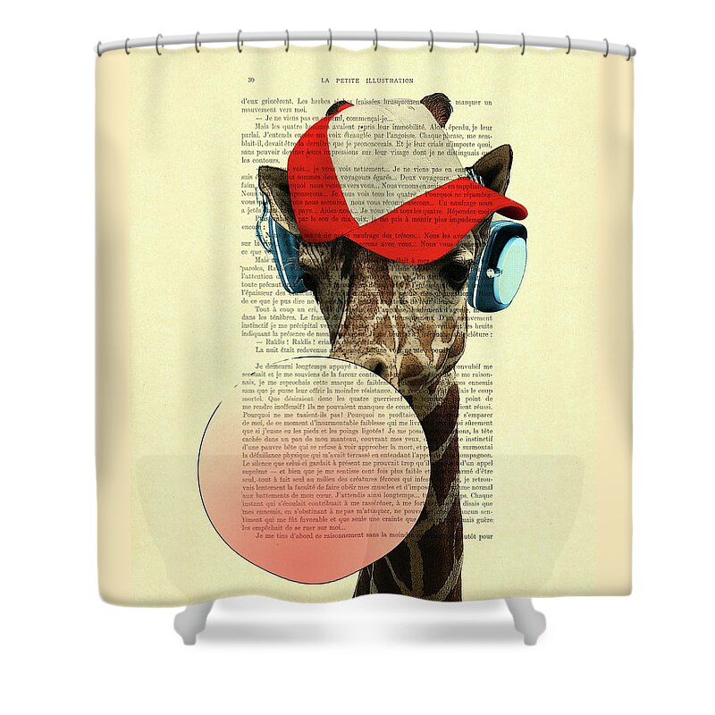 Giraffe Shower Curtain featuring the digital art Funny giraffe with baseball cap and bubblegum by Madame Memento