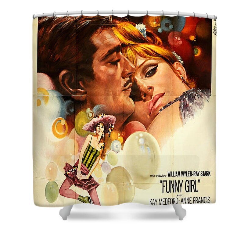 Jean Shower Curtain featuring the mixed media ''Funny Girl'', 1968 - art by Jean Mascii by Stars on Art