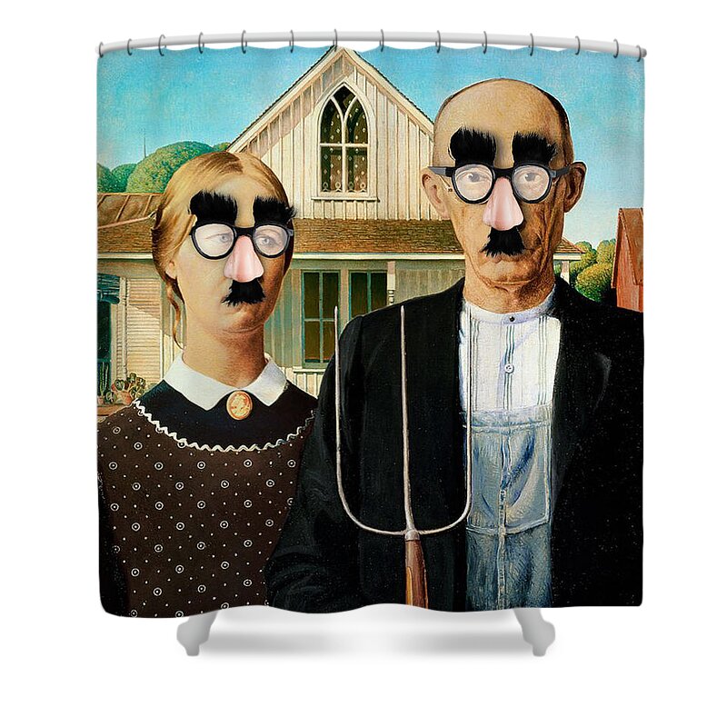 American Gothic Shower Curtain featuring the painting Funny Humor Groucho Glasses American Gothic by Tony Rubino
