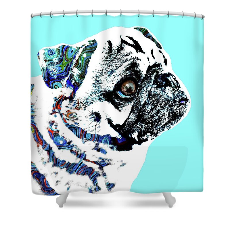 Dog Shower Curtain featuring the digital art Funny Pug Dog 166 - by artist Lucie Dumas by Lucie Dumas