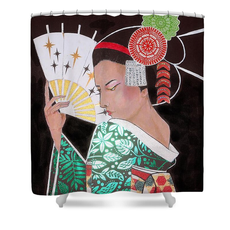 Geisha Shower Curtain featuring the mixed media Fuyuko by Jayne Somogy