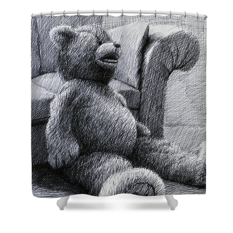 Teddy Bear Shower Curtain featuring the drawing Gabriella's Huge Teddy Bear by Rick Hansen