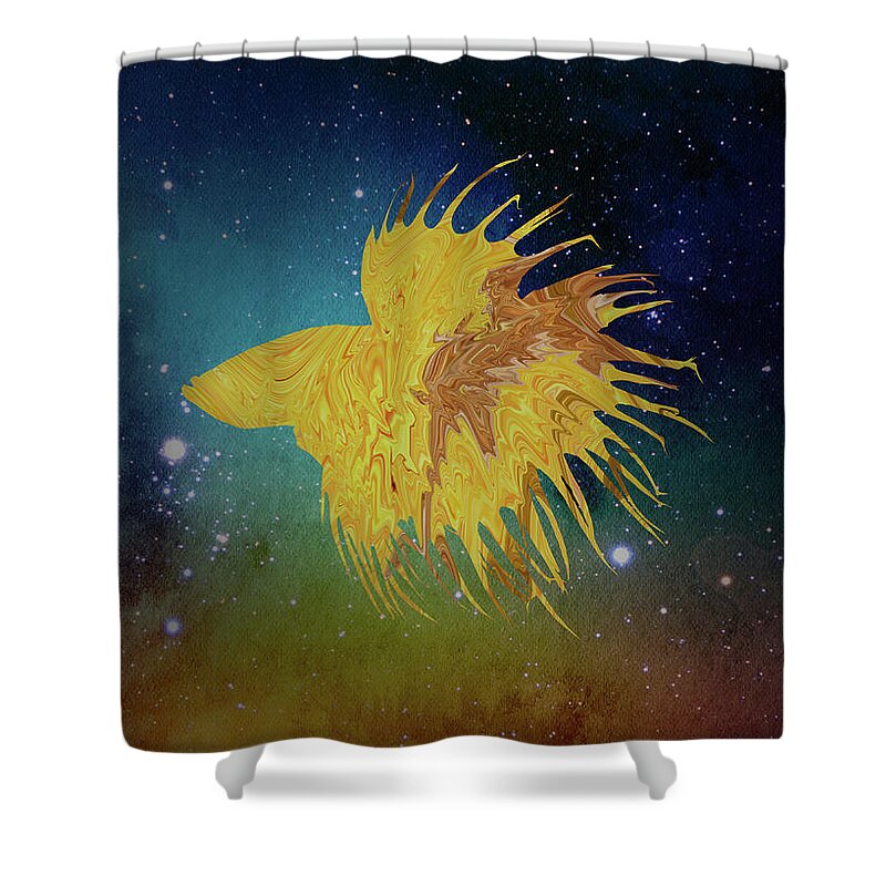Galaxy Shower Curtain featuring the digital art Galaxy Crowntail Betta Fish by Sambel Pedes