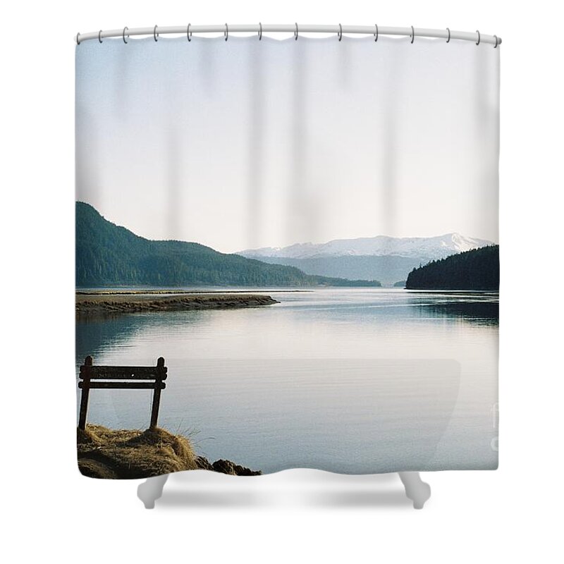 #alaska #ak #juneau #cruise #tours #vacation #peaceful #sealaska #southeastalaska #calm #35mm #analog #film #reflection #douglas #admiraltyisland #chilkatmountains #chilkats #capitalcity #lynncanal #clearskies #clearblueskies #sprucewoodstudios Shower Curtain featuring the photograph Game Refuge Trail by Charles Vice