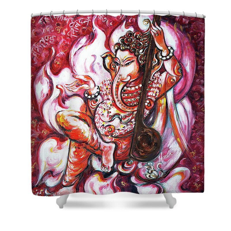 Ganesha Shower Curtain featuring the painting Ganesha - enjoying music by Harsh Malik