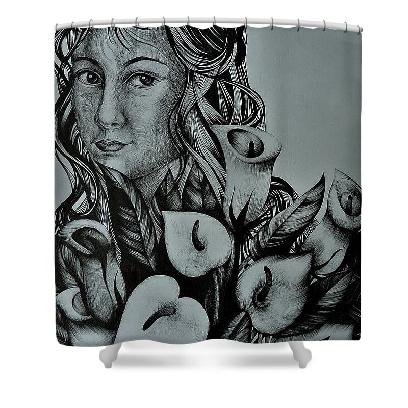 Fantasy Portrait Shower Curtain featuring the drawing Garden Calla lily by Anna Duyunova