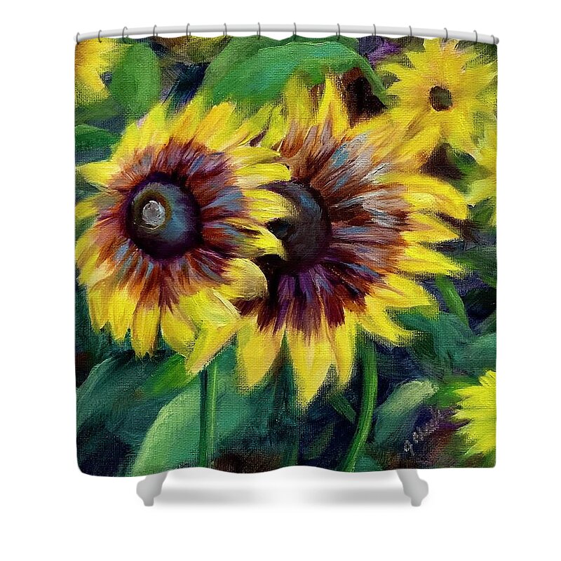  Sunflower Shower Curtain featuring the painting Garden Delights by Jan Chesler