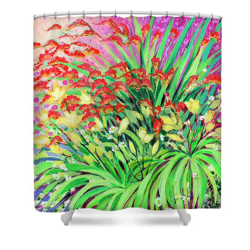 Crocosmia Shower Curtain featuring the painting Garden Fireworks by Jennifer Lommers