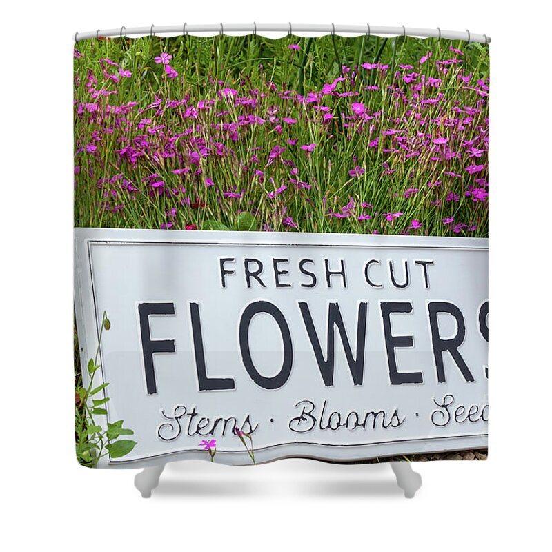 Flowers Shower Curtain featuring the photograph Garden flowers with fresh cut flower sign 0738 by Simon Bratt