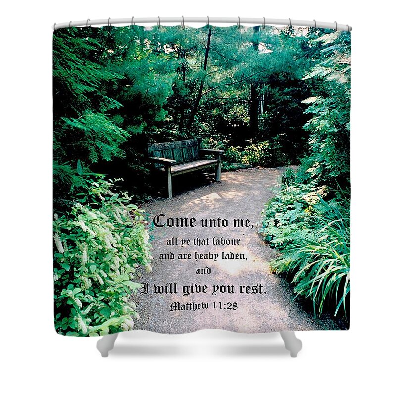 Bench Shower Curtain featuring the photograph Garden Hideaway Matthew 11vs28 by Mike McBrayer