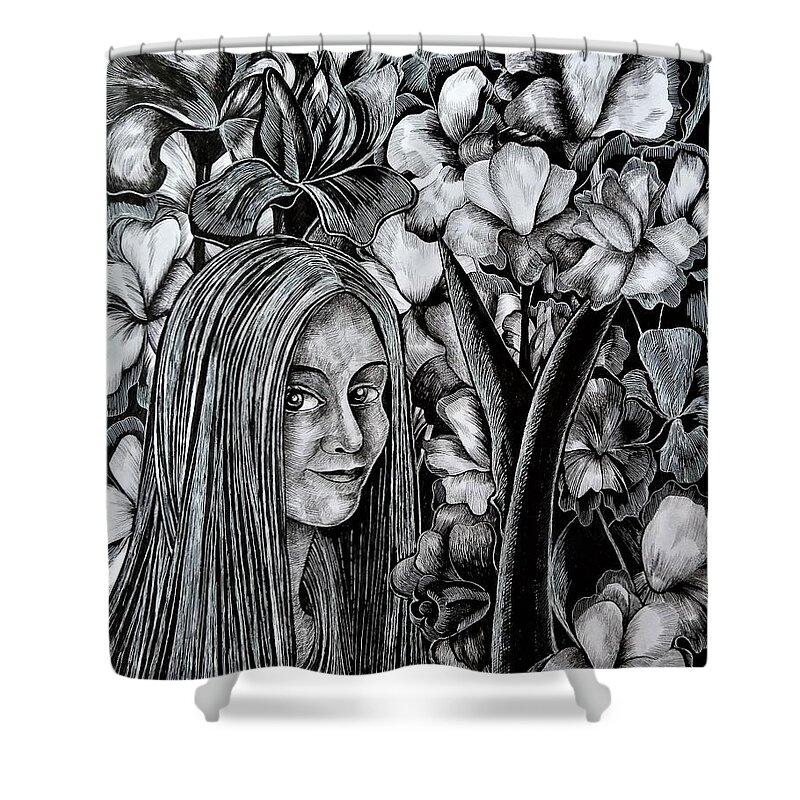 Nature Shower Curtain featuring the drawing Garden. Iris by Anna Duyunova