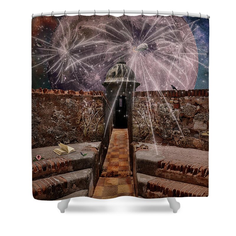 Grunge Shower Curtain featuring the digital art Garita And The Moon by Ricardo Dominguez