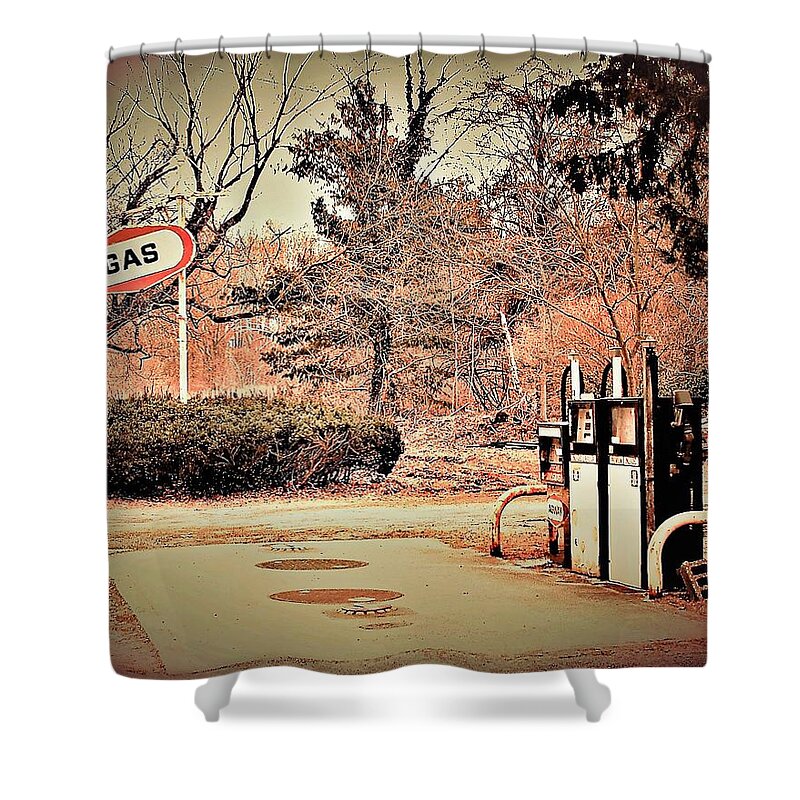 Gas Station Pumps Trees Metal Shower Curtain featuring the photograph Gas Station by John Linnemeyer