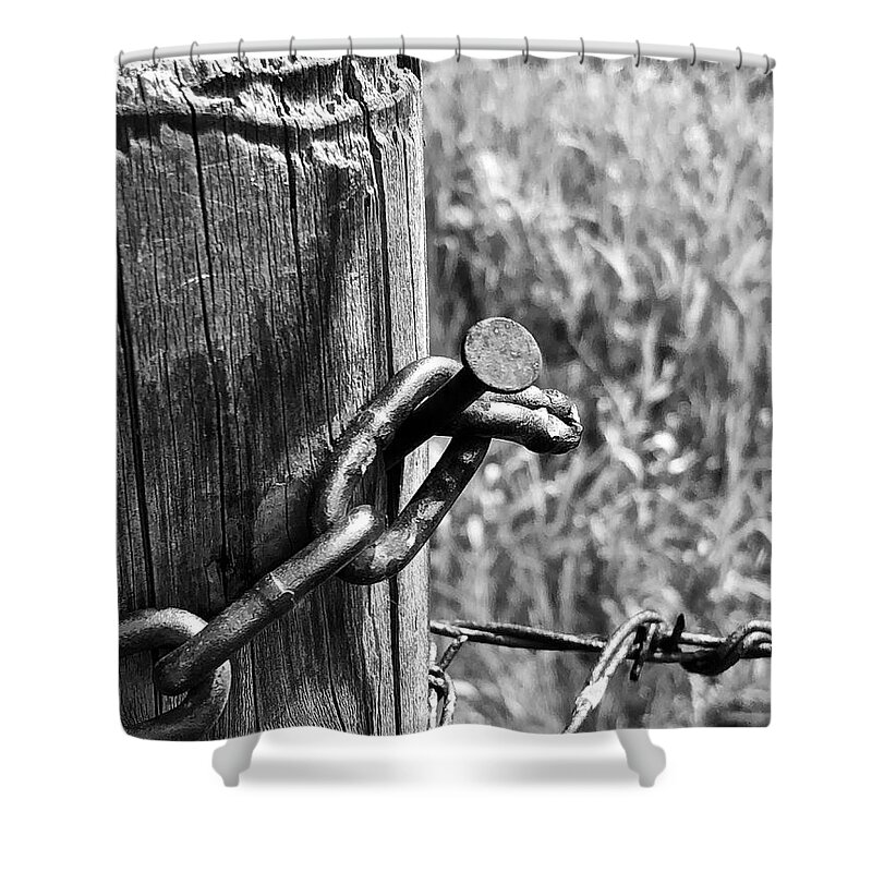 Black & White Shower Curtain featuring the photograph Gate Hook by Ann E Robson