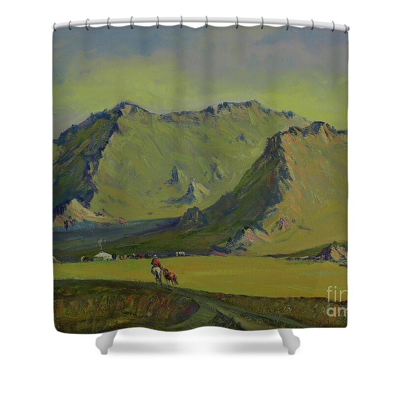Summer Sky Shower Curtain featuring the painting Gate of Ongon mountain by Badamjunai Tumendemberel