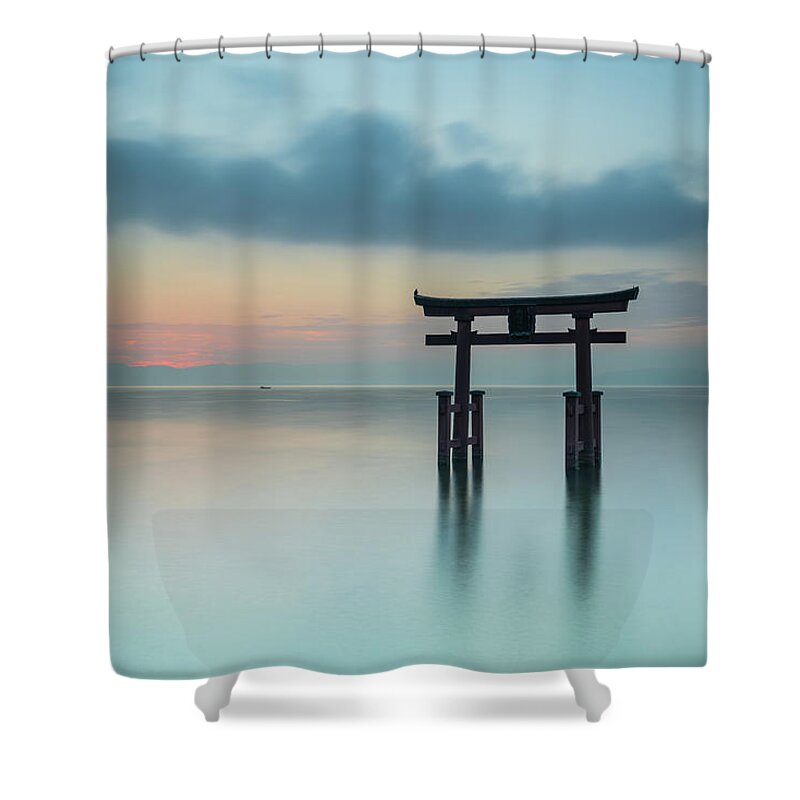 Shiga Shower Curtain featuring the photograph Gate of the Shirahige shrine on Biwa lake by Anges Van der Logt