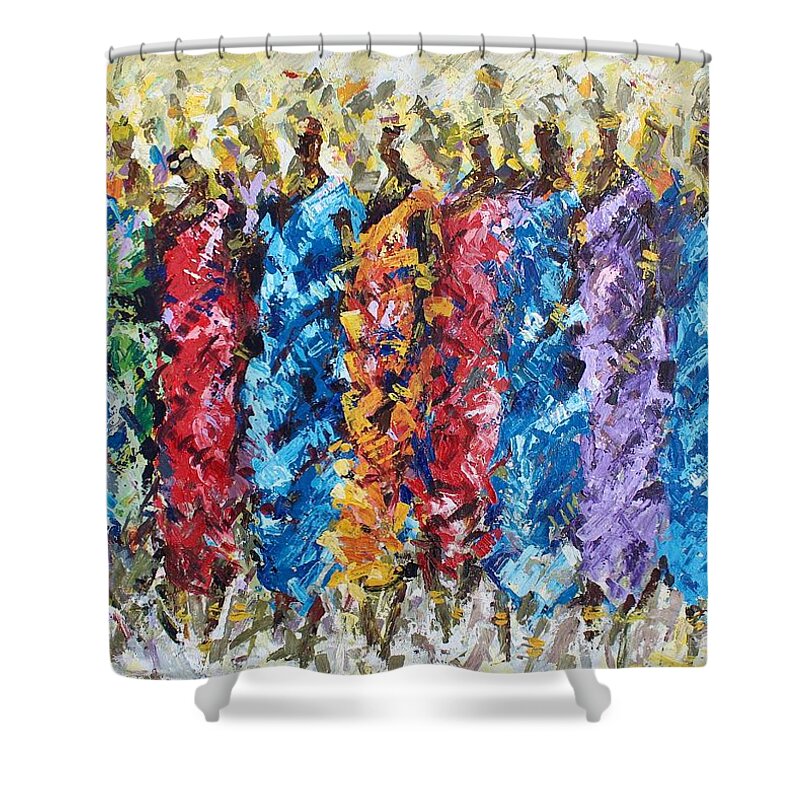 Africa Shower Curtain featuring the painting Gathering by Ernest Budu