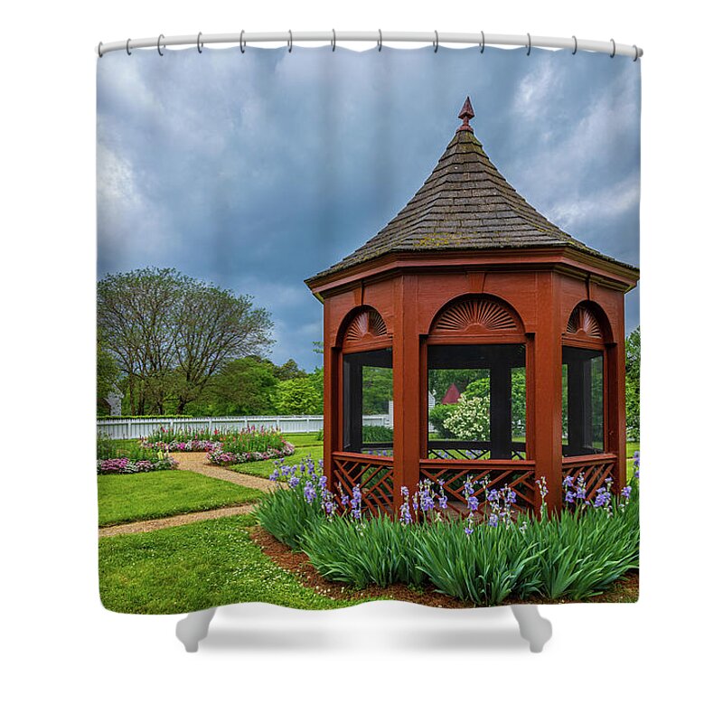 Colonial Williamsburg Shower Curtain featuring the photograph Gazebo with Irises by Rachel Morrison