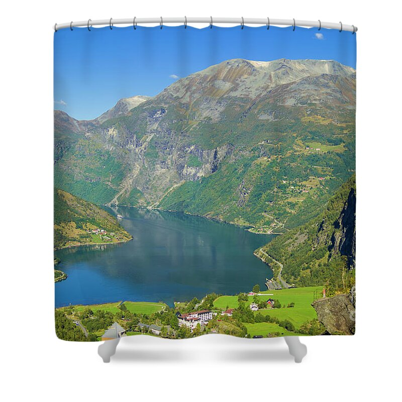Fjords Shower Curtain featuring the photograph Geiranger Valley and Geirangerfjorden, Norway by Neale And Judith Clark