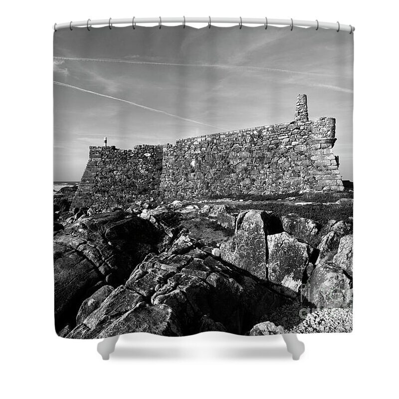 Portugal Shower Curtain featuring the photograph Gelfa Castle black and white Portugal by James Brunker