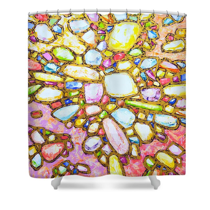 Stones Shower Curtain featuring the painting Gems in Gold 6. by Iryna Kastsova