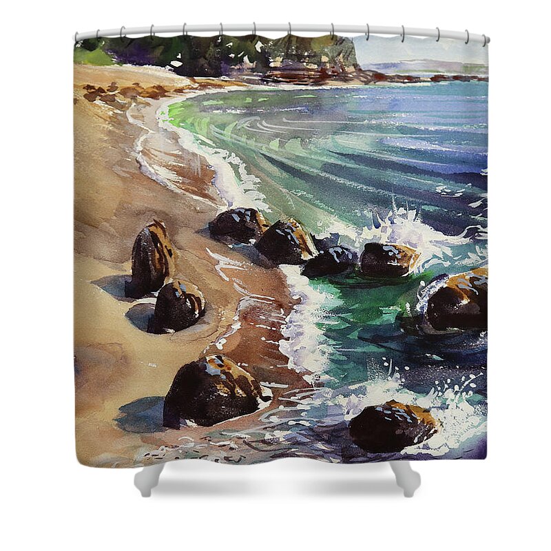 Landscape Shower Curtain featuring the painting Gems on the Beach by Shirley Peters