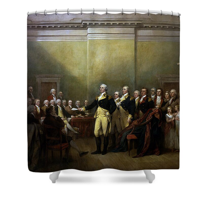George Washington Shower Curtain featuring the painting General Washington Resigning His Commission by War Is Hell Store