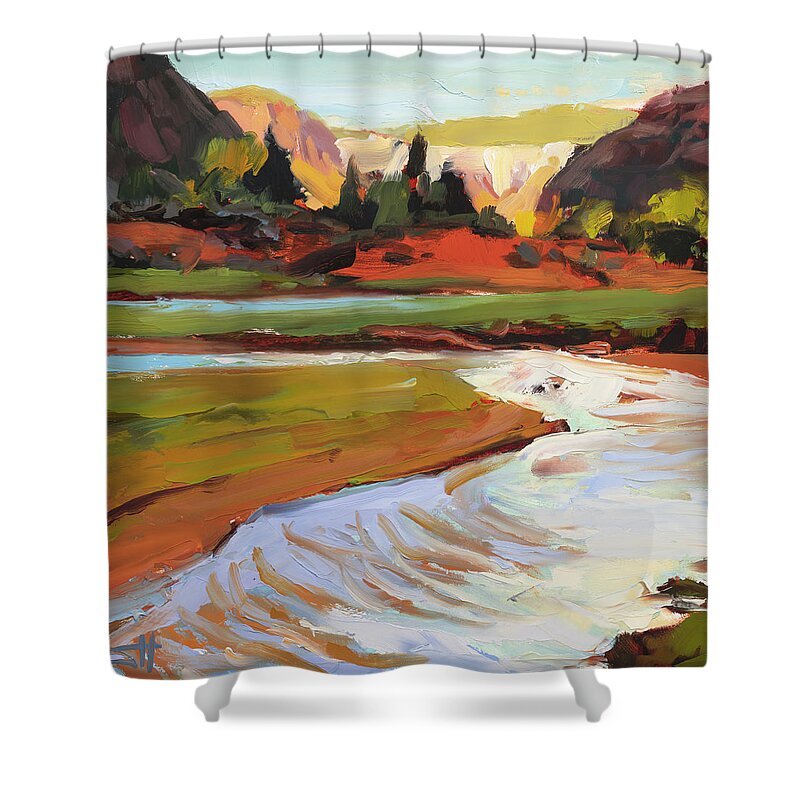 Zion Shower Curtain featuring the painting Gentle Flow in Zion by Steve Henderson