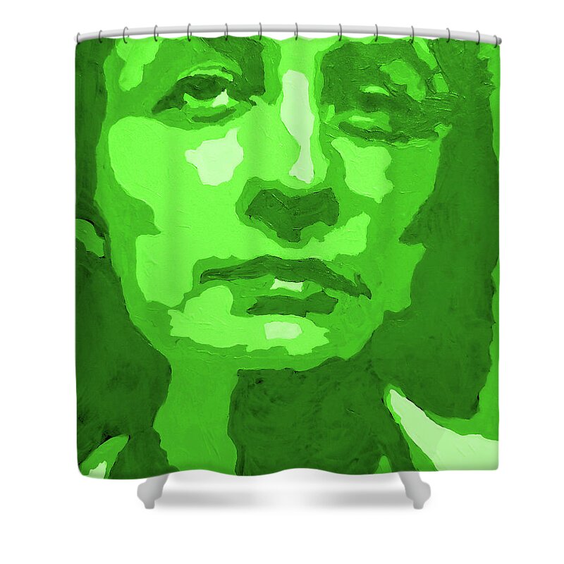 Green Shower Curtain featuring the painting Georgia O Keeffe Portrait In Lime Green by Irina Sztukowski