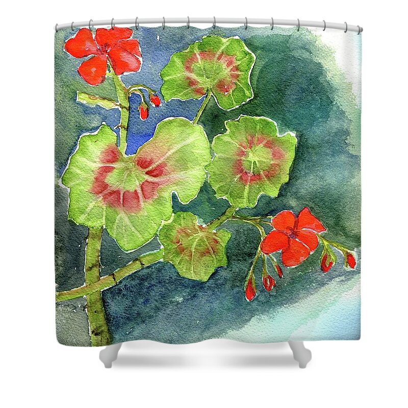 Red Geraniums Shower Curtain featuring the painting Geraniums by Anna Jacke