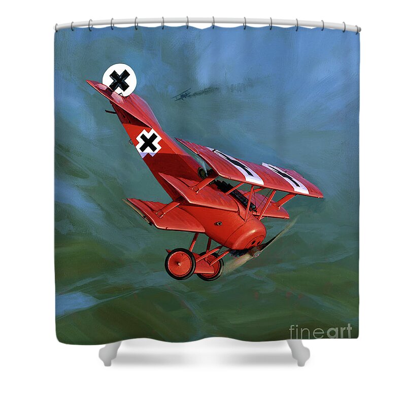 Dreidecker Shower Curtain featuring the painting German Fokker Dr.1 Triplane by Jack Fellows