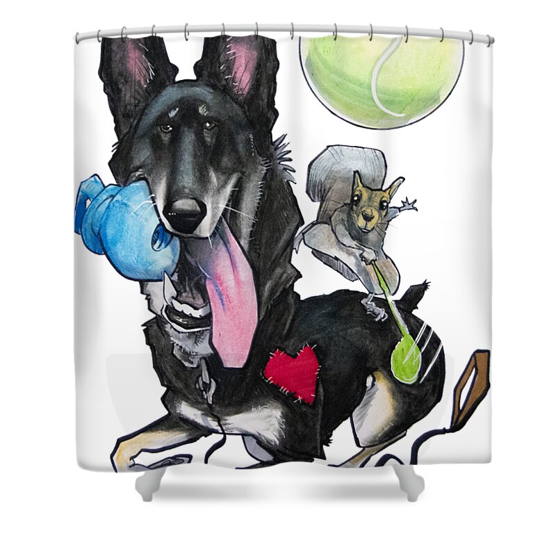 Dog Shower Curtain featuring the drawing German Shepherd and Squirrel by John LaFree