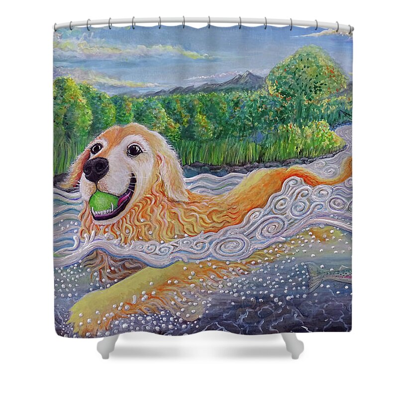 Golden Retriever Shower Curtain featuring the painting Get the Ball by David Sockrider