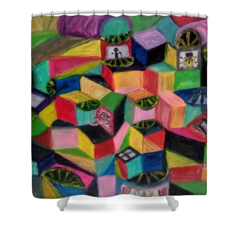 Abstract Shower Curtain featuring the painting Getting into Shape by Andrew Blitman