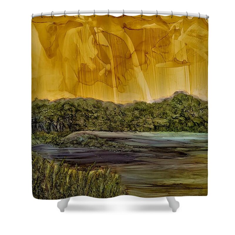 Island Shower Curtain featuring the painting Ghosts of Taahiamanu by Angela Marinari