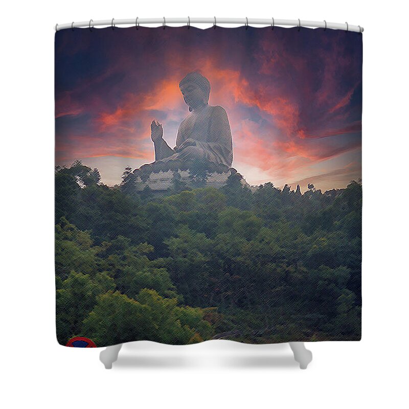 Hong Kong Shower Curtain featuring the digital art Giant Buddha by Geoff Jewett