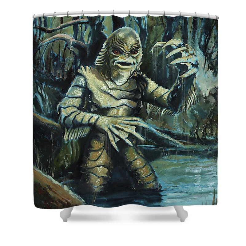 Gothic Shower Curtain featuring the painting Gill-Man - Creature from the Black Lagoon by Sv Bell