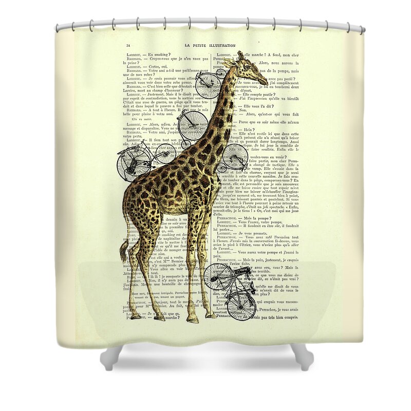 Giraffe Shower Curtain featuring the digital art Giraffe with antique bicycles, fantasy wildlife animal decor by Madame Memento
