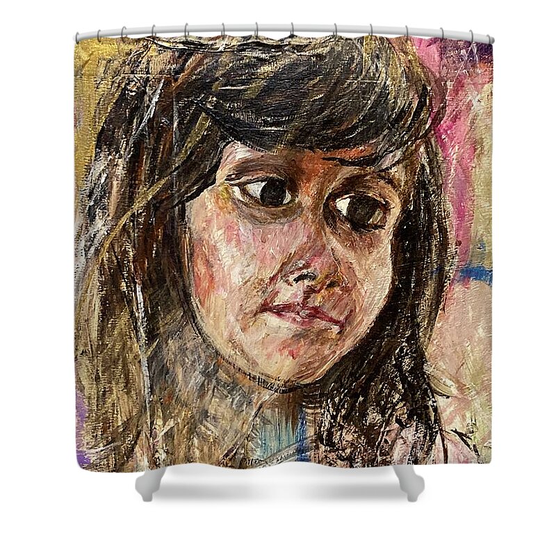 Portrait Of A Young Girl On Colorful Background. Part Of A Family Portraits Series. Shower Curtain featuring the painting Girl by David Euler