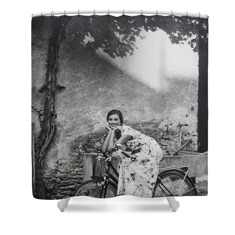 Girl Shower Curtain featuring the photograph Girl on a Bicycle 1987 by Steve Ladner