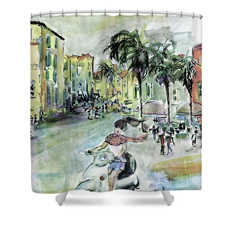 Italy Shower Curtain featuring the mixed media Girl on Vespa in Sorrento Italy Vintage Colors by Ginette Callaway