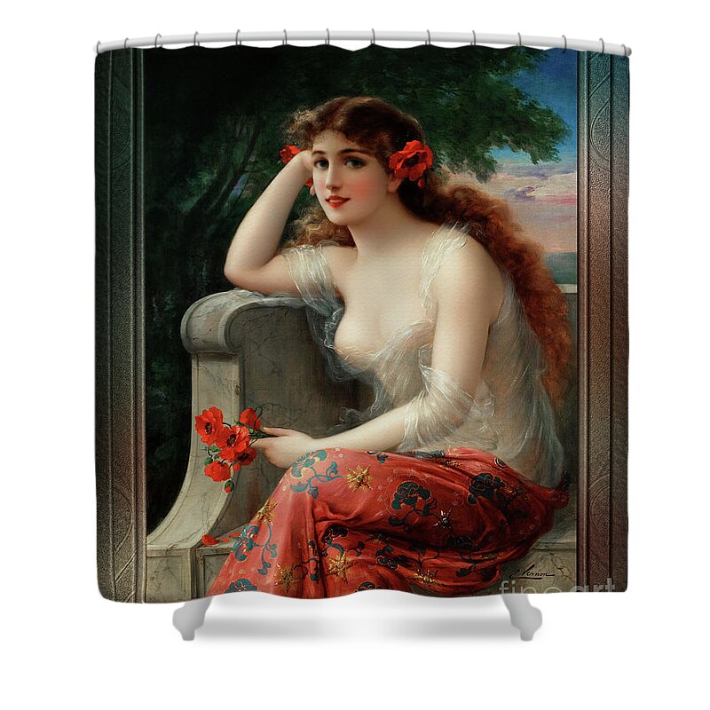 Girl With A Poppy Shower Curtain featuring the painting Girl with a Poppy by Emile Vernon Vintage Fine Art Xzendor7 Old Masters Reproductions by Rolando Burbon