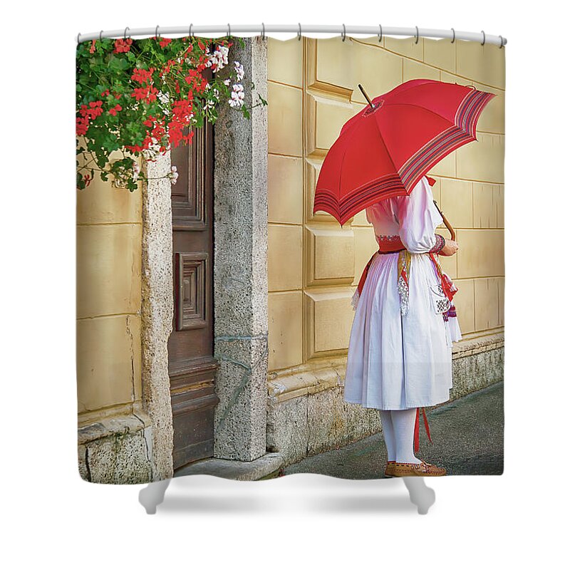 Umbrella Shower Curtain featuring the photograph Girl with Red Umbrella by Karen Sirnick